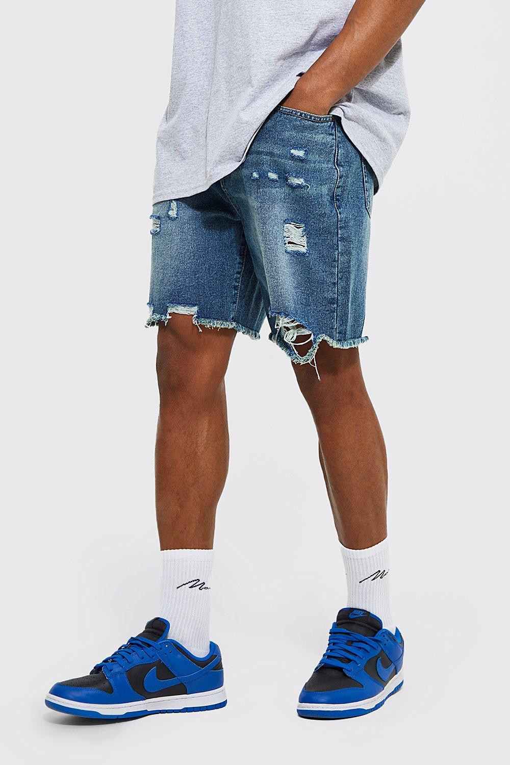 Blue ripped hot sale shorts mens